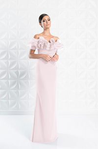 Front view of Alexander by Daymor Style 1257, an elegant off-the-shoulder in cameo rose.
