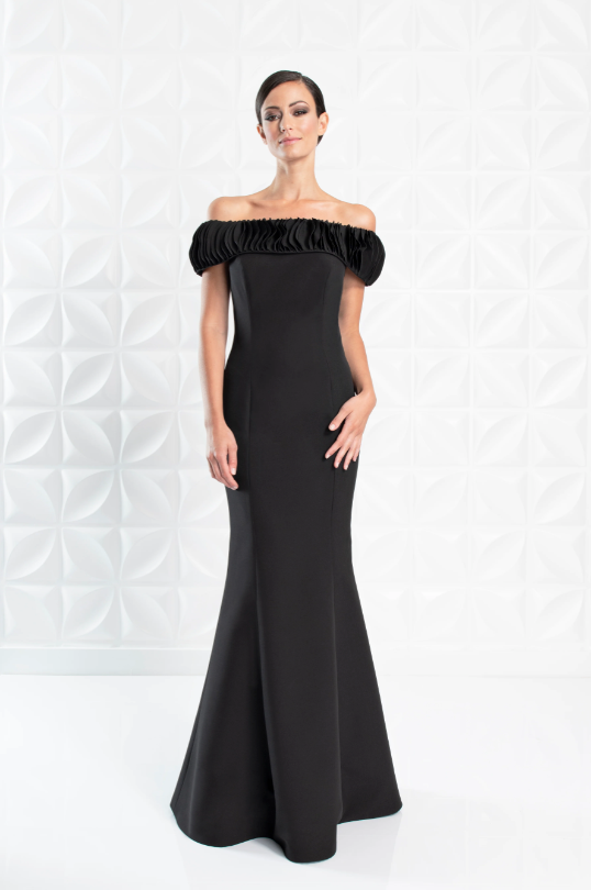 Alexander by Daymor 1280 Off-Shoulder Ruched Gown - Elegant evening gown featuring a ruched off-shoulder neckline, fitted bodice, and floor-length skirt.