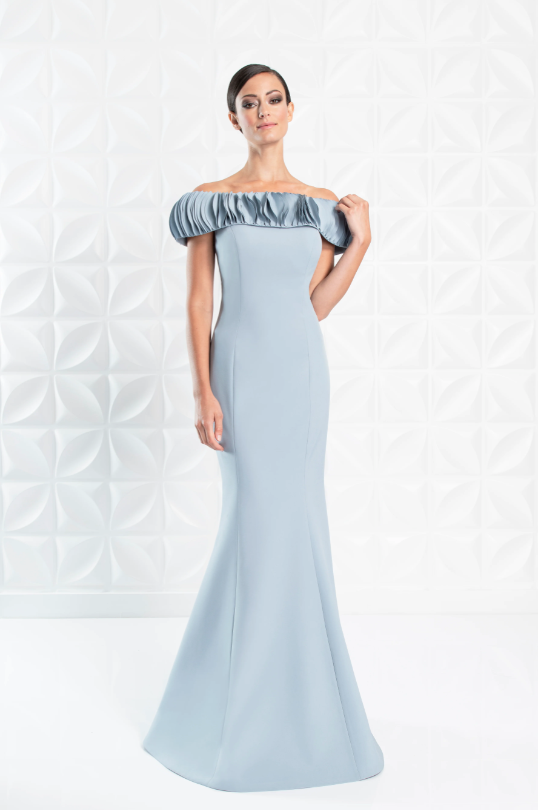 Alexander by Daymor 1280 Off-Shoulder Ruched Gown - Elegant evening gown featuring a ruched off-shoulder neckline, fitted bodice, and floor-length skirt.