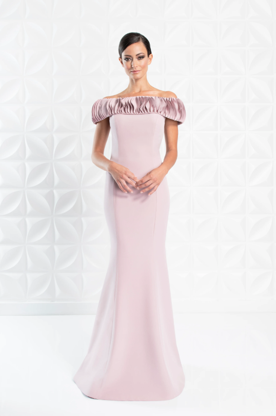 Alexander by Daymor 1280 Off-Shoulder Ruched Gown - Elegant evening gown featuring a ruched off-shoulder neckline, fitted bodice, and floor-length skirt.