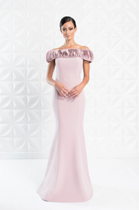 Alexander by Daymor 1280 Off-Shoulder Ruched Gown - Elegant evening gown featuring a ruched off-shoulder neckline, fitted bodice, and floor-length skirt.