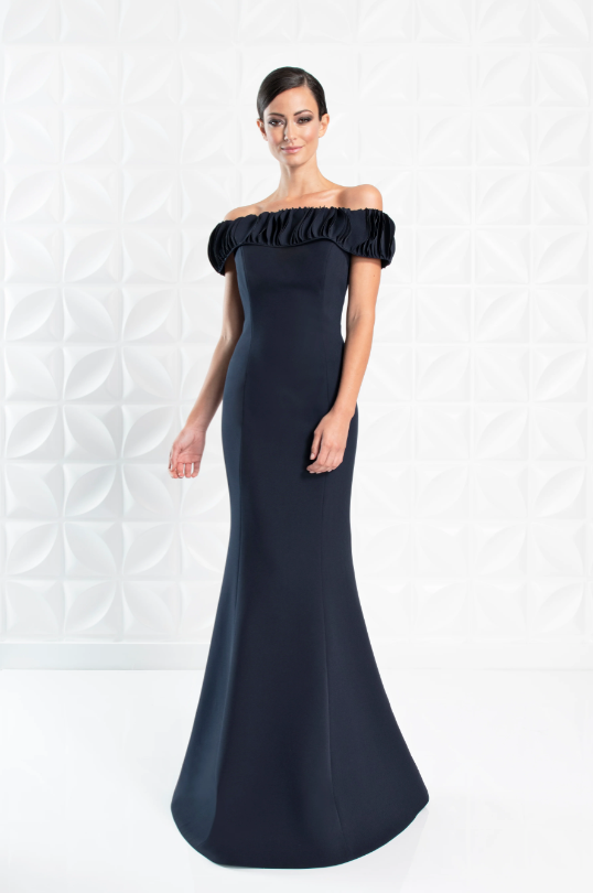 Alexander by Daymor 1280 Off-Shoulder Ruched Gown - Elegant evening gown featuring a ruched off-shoulder neckline, fitted bodice, and floor-length skirt.