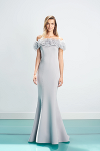 Alexander by Daymor 1461 Navy White Off-Shoulder Evening Gown - A stunning gown with an off-shoulder neckline, white ruffles, fitted bodice, and floor-length skirt with a subtle train.