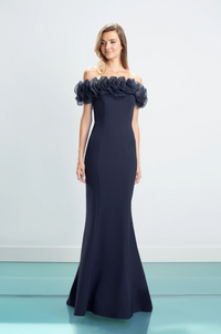 Alexander by Daymor 1461 Navy White Off-Shoulder Evening Gown - A stunning gown with an off-shoulder neckline, white ruffles, fitted bodice, and floor-length skirt with a subtle train.