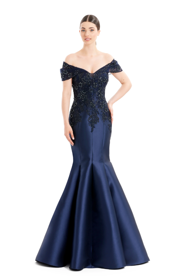 Alexander by Daymor 1667, an off-shoulder evening gown with intricate embroidery, showcasing a form-fitting silhouette and mermaid skirt, perfect for formal events and weddings. Model is wearing navy.