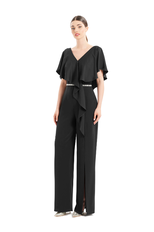 Alexander by Daymor 1669 jumpsuit featuring a draped top with v-neckline, cinched waist with a belt, in a sophisticated navy blue, ideal for formal and business occasions.