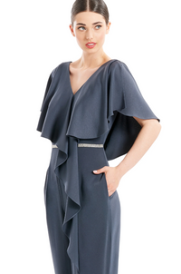 Alexander by Daymor 1669 jumpsuit featuring a draped top with v-neckline, cinched waist with a belt, in a sophisticated navy blue, ideal for formal and business occasions.