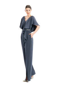 Alexander by Daymor 1669 jumpsuit featuring a draped top with v-neckline, cinched waist with a belt, in a sophisticated navy blue, ideal for formal and business occasions.