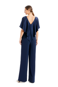 Alexander by Daymor 1669 jumpsuit featuring a draped top with v-neckline, cinched waist with a belt, in a sophisticated navy blue, ideal for formal and business occasions.