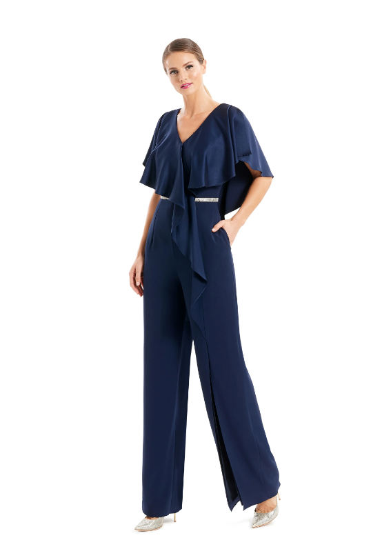 Alexander by Daymor 1669 jumpsuit featuring a draped top with v-neckline, cinched waist with a belt, in a sophisticated navy blue, ideal for formal and business occasions.