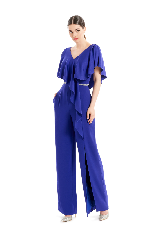 Alexander by Daymor 1669 jumpsuit featuring a draped top with v-neckline, cinched waist with a belt, in a sophisticated navy blue, ideal for formal and business occasions.