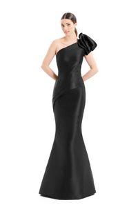 Alexander by Daymor 1673 one-shoulder gown with asymmetric design, pleating, and rosette detail, perfect for formal evening events and mother of the bride or groom. Model is wearing the color black.