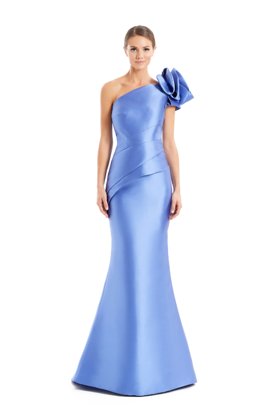 Alexander by Daymor 1673 one-shoulder gown with asymmetric design, pleating, and rosette detail, perfect for formal evening events and mother of the bride or groom. Model is wearing the color periwinkle.