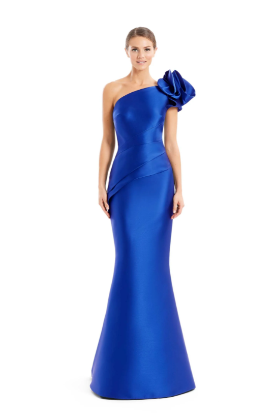 Alexander by Daymor 1673 one-shoulder gown with asymmetric design, pleating, and rosette detail, perfect for formal evening events and mother of the bride or groom.  Model is wearing the color royal.