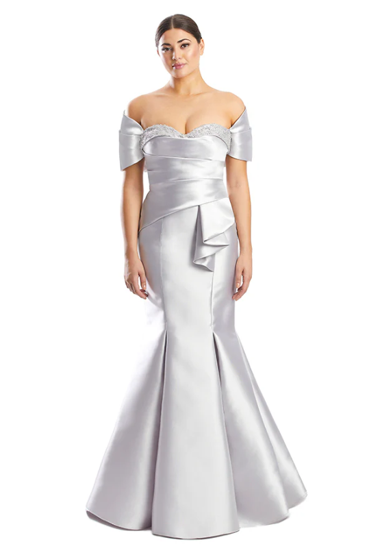 Alexander by Daymor 1759 Off-Shoulder Mermaid Gown - Stunning gown featuring an off-shoulder design, embellished sweetheart neckline, fitted bodice, and mermaid skirt with pleated details.