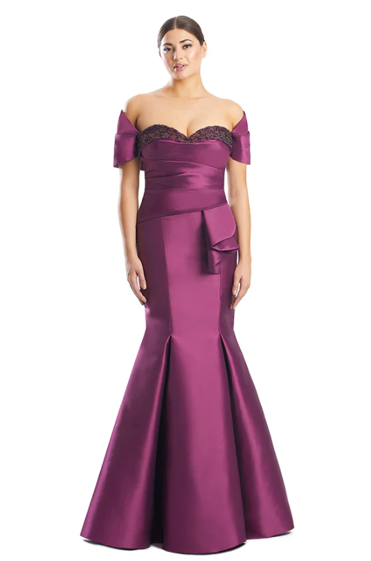 Alexander by Daymor 1759 Off-Shoulder Mermaid Gown - Stunning gown featuring an off-shoulder design, embellished sweetheart neckline, fitted bodice, and mermaid skirt with pleated details.