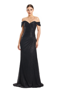 Alexander by Daymor 1858 Off-Shoulder Draped Gown - Elegant gown featuring an off-shoulder design, sweetheart neckline, intricate draping, fitted bodice, and floor-length skirt.  Color Black