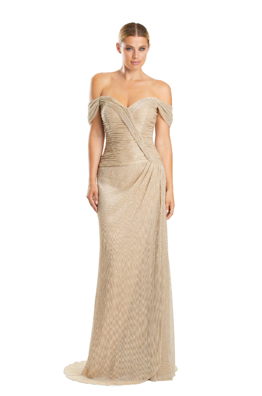 Alexander by Daymor 1858 Off-Shoulder Draped Gown - Elegant gown featuring an off-shoulder design, sweetheart neckline, intricate draping, fitted bodice, and floor-length skirt.  Gold color.