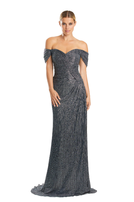 Alexander by Daymor 1858 Off-Shoulder Draped Gown - Elegant gown featuring an off-shoulder design, sweetheart neckline, intricate draping, fitted bodice, and floor-length skirt.  Color Silver.