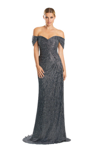 Alexander by Daymor 1858 Off-Shoulder Draped Gown - Elegant gown featuring an off-shoulder design, sweetheart neckline, intricate draping, fitted bodice, and floor-length skirt.  Color Silver.