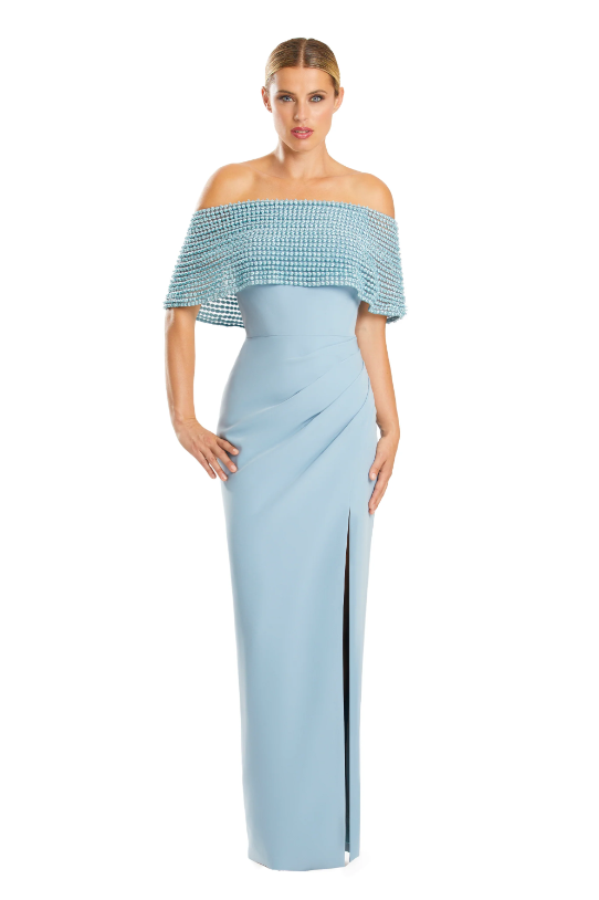 Alexander by Daymor 1883 Off-the-Shoulder Gown with beaded capelet and thigh-high slit, ideal for formal and Mother of the Bride occasions.