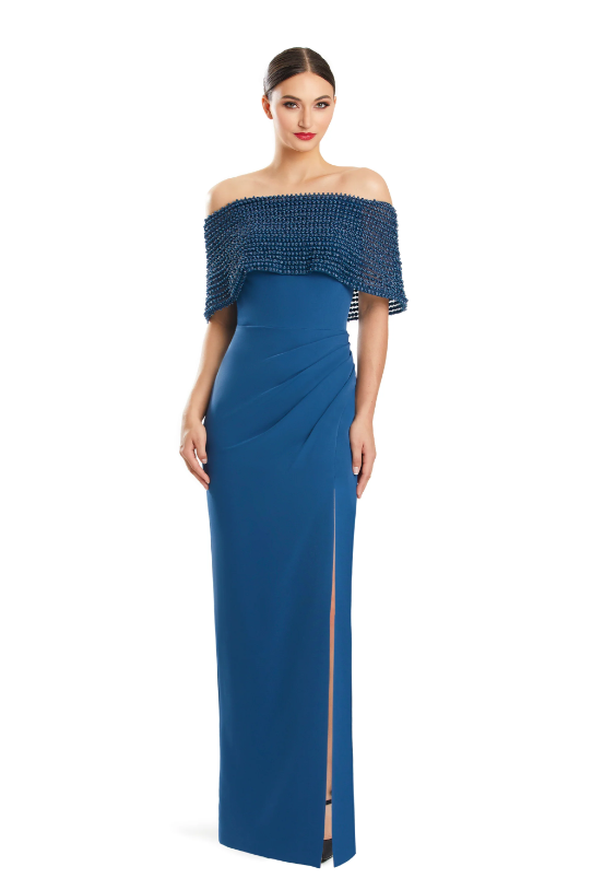 Alexander by Daymor 1883 Off-the-Shoulder Gown with beaded capelet and thigh-high slit, ideal for formal and Mother of the Bride occasions.