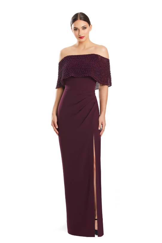 Alexander by Daymor 1883 Off-the-Shoulder Gown with beaded capelet and thigh-high slit, ideal for formal and Mother of the Bride occasions.