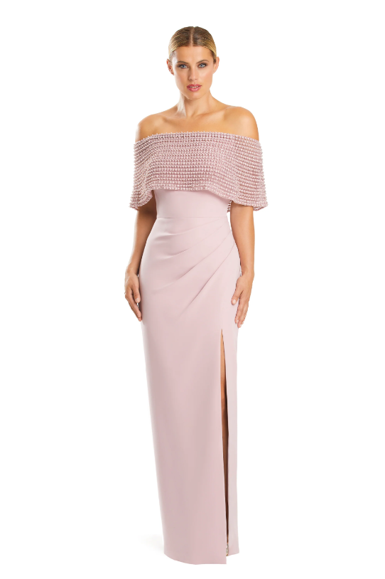 Alexander by Daymor 1883 Off-the-Shoulder Gown with beaded capelet and thigh-high slit, ideal for formal and Mother of the Bride occasions.