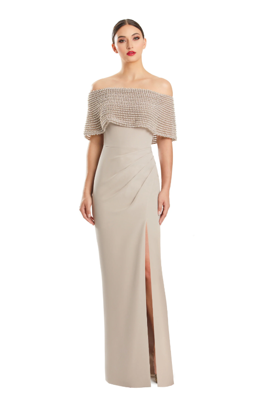 Alexander by Daymor 1883 Off-the-Shoulder Gown with beaded capelet and thigh-high slit, ideal for formal and Mother of the Bride occasions.