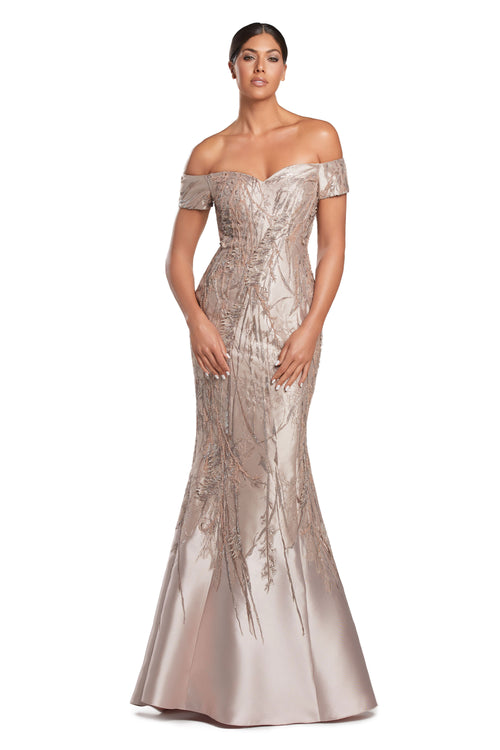 Alexander by Daymor 2050 Off-Shoulder Embellished Gown - Elegant formal gown with off-shoulder design, intricate embroidery, and fit-and-flare silhouette.