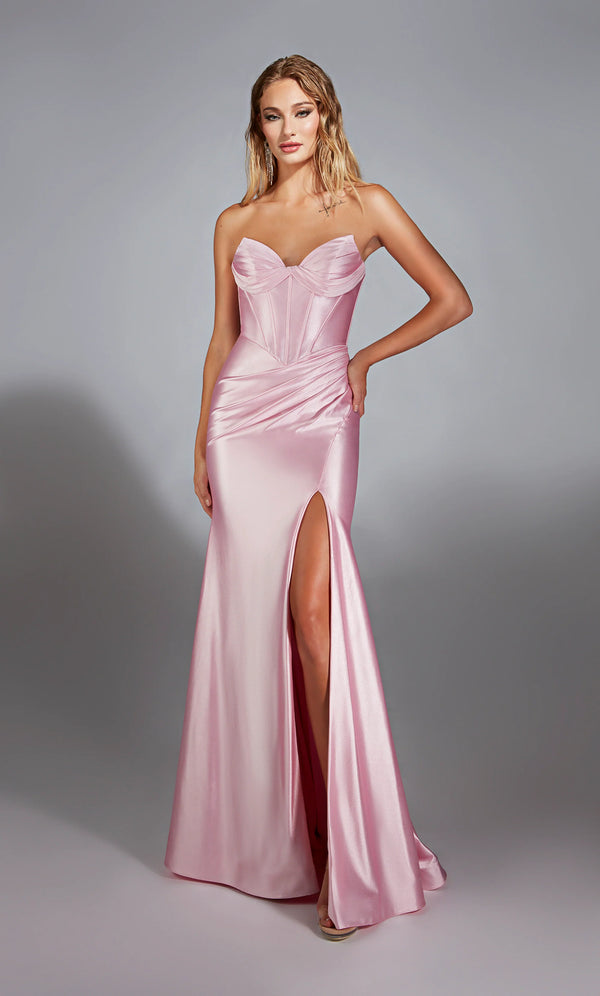 Alyce Paris 61733 Metallic Stretch Satin Strapless Gown with a fit-and-flare silhouette, lace-up back, and high slit.