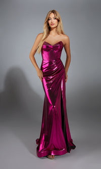 Alyce Paris 61798 Metallic Foil Corset Gown in fuchsia featuring a corset bodice, metallic foil fabric, thigh-high slit, and lace-up back. Ideal for prom and evening occasions.