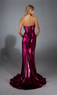 Alyce Paris 61798 Metallic Foil Corset Gown in fuchsia featuring a corset bodice, metallic foil fabric, thigh-high slit, and lace-up back. Ideal for prom and evening occasions.  Back View.