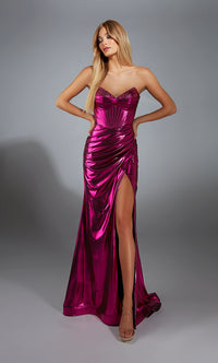 Alyce Paris 61798 Metallic Foil Corset Gown in fuchsia featuring a corset bodice, metallic foil fabric, thigh-high slit, and lace-up back. Ideal for prom and evening occasions.  Model is wearing the color fuchsia.