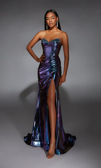 Alyce Paris 61798 Metallic Foil Corset Gown in purple featuring a corset bodice, metallic foil fabric, thigh-high slit, and lace-up back. Ideal for prom and evening occasions.  Model is wearing the color purple.