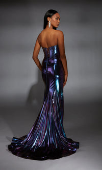 Alyce Paris 61798 Metallic Foil Corset Gown in purple featuring a corset bodice, metallic foil fabric, thigh-high slit, and lace-up back. Ideal for prom and evening occasions.  Model is wearing the color purple.  Back View.