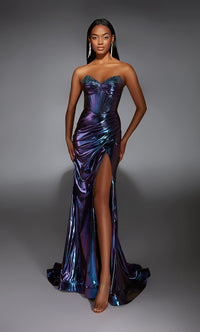 Alyce Paris 61798 Metallic Foil Corset Gown in purple featuring a corset bodice, metallic foil fabric, thigh-high slit, and lace-up back. Ideal for prom and evening occasions.  Model is wearing the color purple.