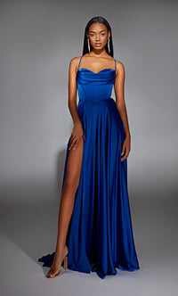 Alyce Paris 61883 Satin Chiffon Gown with cowl neckline, lace-up back, thigh-high slit, and flowy silhouette for formal occasions.