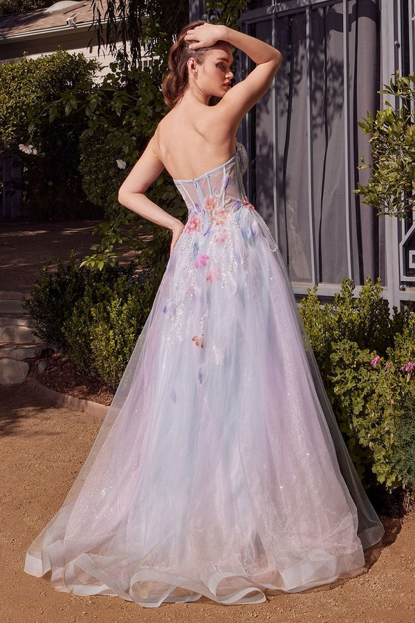 Andrea & Leo A1383 strapless ballgown in peach with a sweetheart neckline, sheer bodice, and watercolor floral appliqués, perfect for prom and formal events.