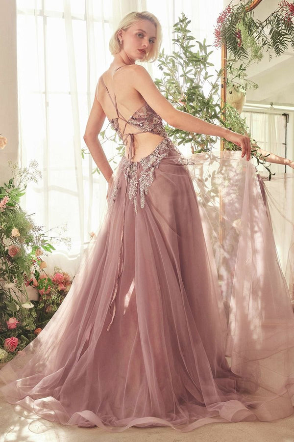 Andrea & Leo A1419 A-line gown in English violet with embellished lace bodice, V-neckline, thin straps, and a keyhole open back. Perfect for prom and formal evenings.