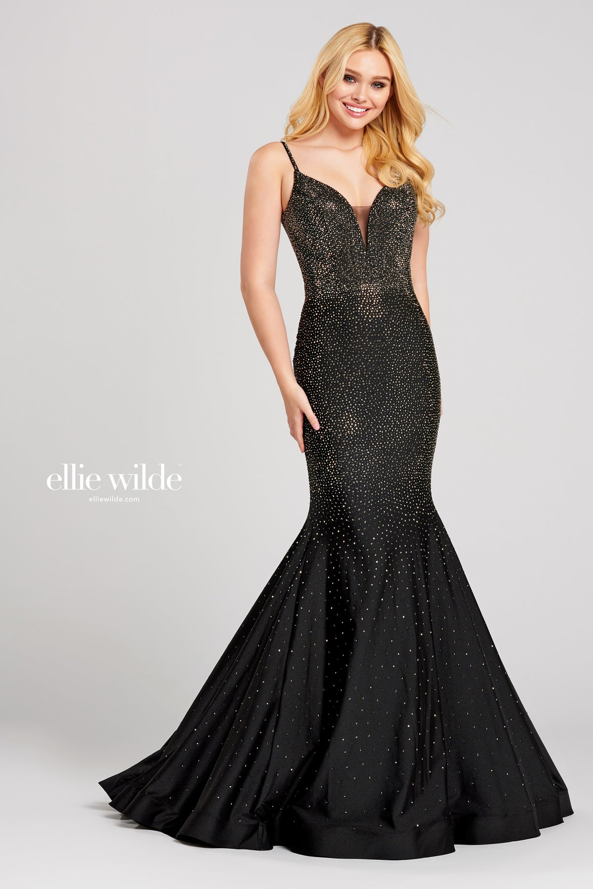 Ellie Wilde EW120012 Sleeveless Fit and Flare Gown - A stunning fit and flare gown featuring a plunging V-neck, stone accents, open bandeau back, horsehair hem, and sweep train, perfect for prom.