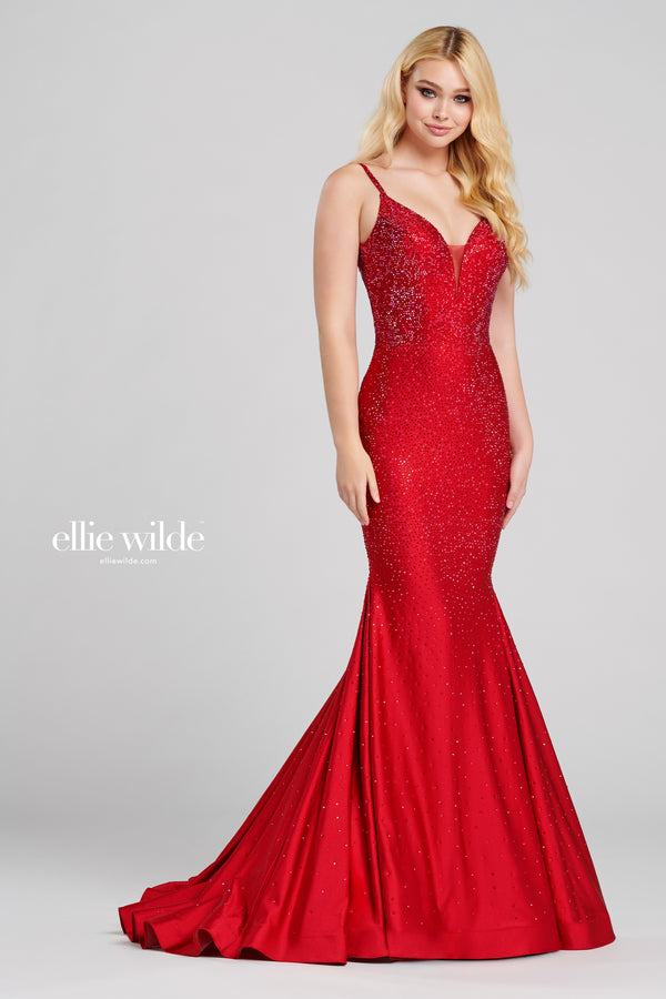 Ellie Wilde EW120012 Sleeveless Fit and Flare Gown - A stunning fit and flare gown featuring a plunging V-neck, stone accents, open bandeau back, horsehair hem, and sweep train, perfect for prom.