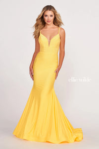 Ellie Wilde EW120012 Sleeveless Fit and Flare Gown - A stunning fit and flare gown featuring a plunging V-neck, stone accents, open bandeau back, horsehair hem, and sweep train, perfect for prom.