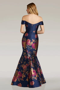 Elegant Feriani Couture evening gown, Style 18338, featuring an off-the-shoulder neckline and floral print on a navy base.  Back View.