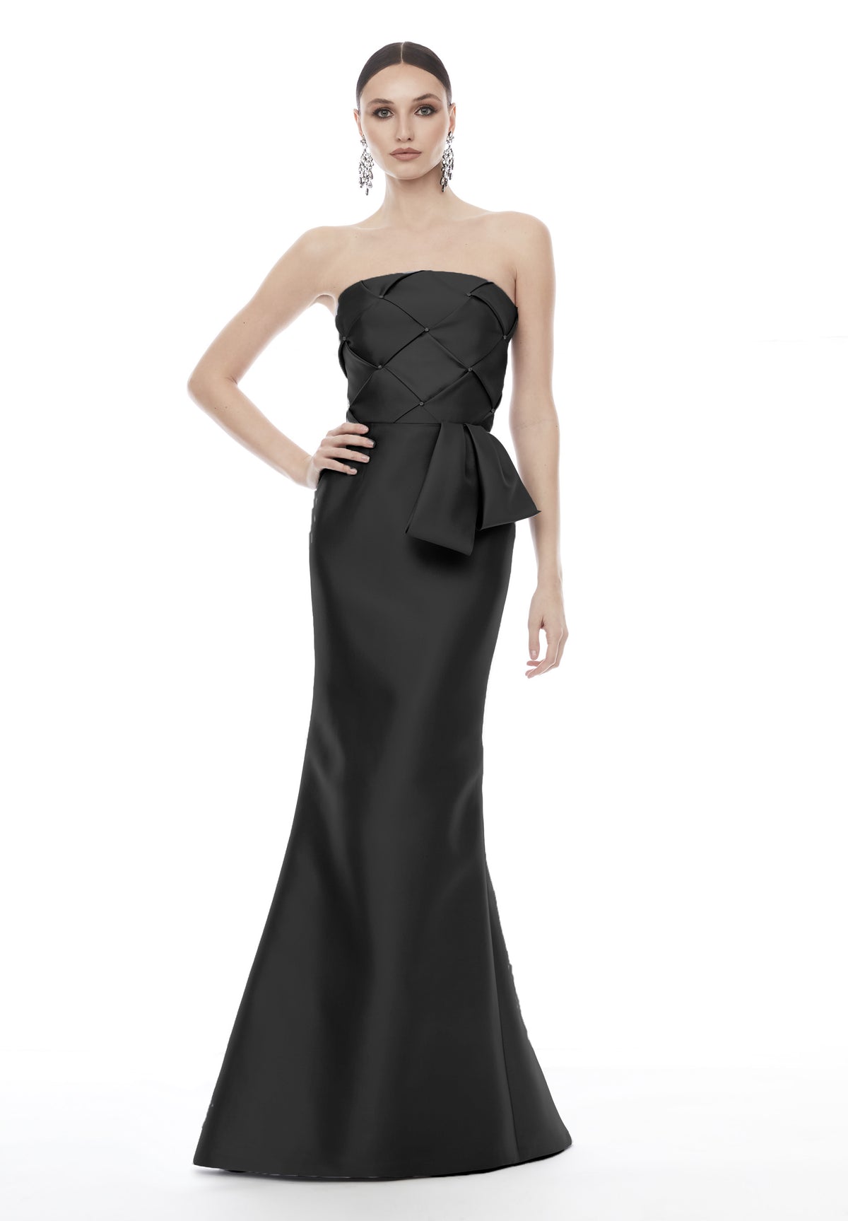 Audrey+Brooks 4310 Strapless Gown - A luxurious strapless gown featuring a basket weave bodice with crystal embellishments and a peplum bow at the waist, perfect for evening formals and as an elegant choice for the mother of the bride or groom.