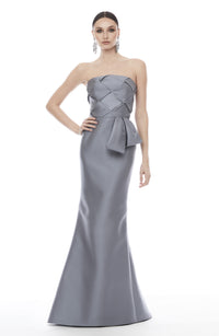 Audrey+Brooks 4310 Strapless Gown - A luxurious strapless gown featuring a basket weave bodice with crystal embellishments and a peplum bow at the waist, perfect for evening formals and as an elegant choice for the mother of the bride or groom.