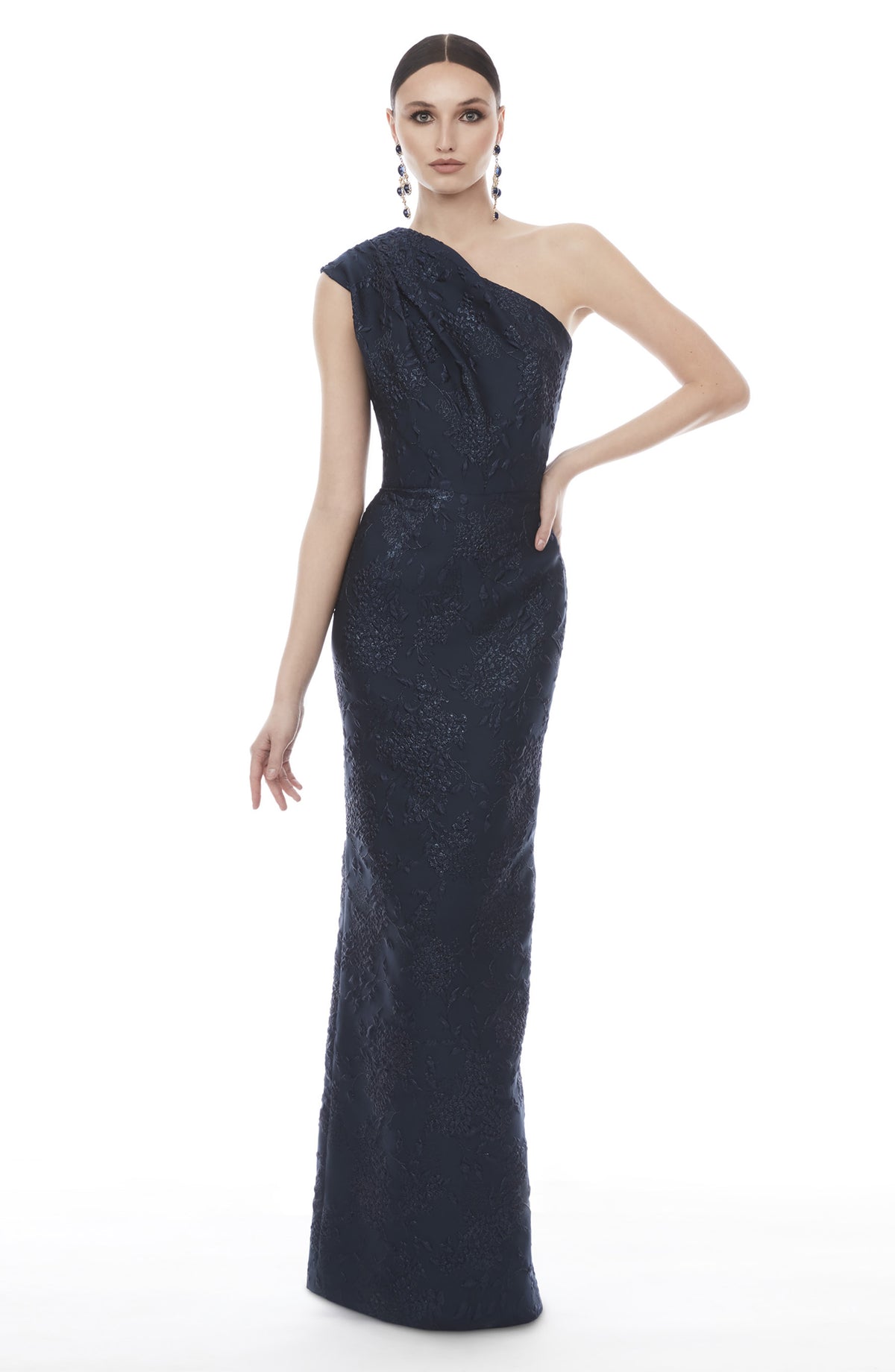 Frascara 4349 One Shoulder Column Evening Gown - One shoulder draped bodice with column silhouette and back vent.  Front View