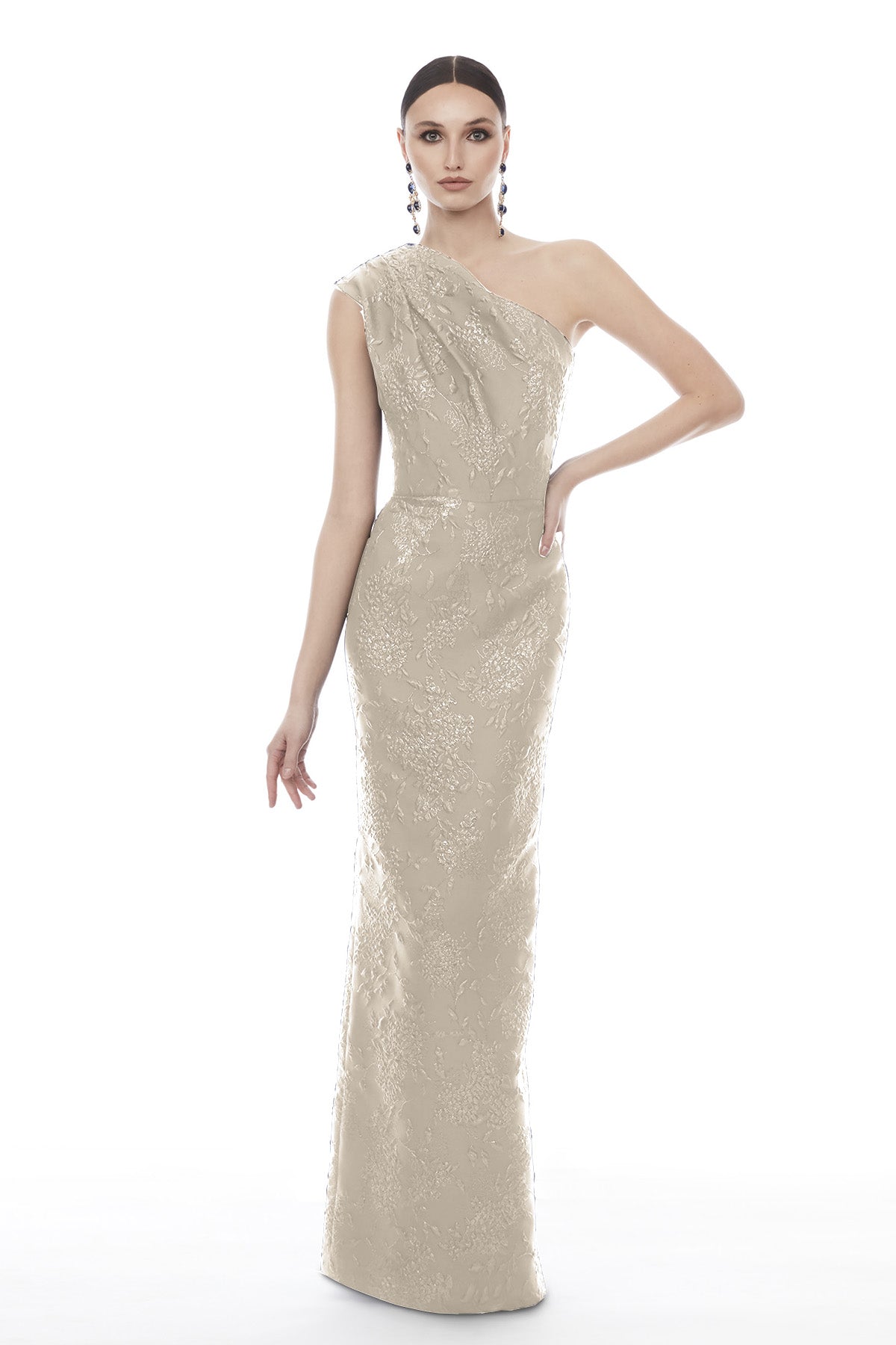 Frascara 4349 One Shoulder Column Evening Gown - One shoulder draped bodice with column silhouette and back vent. Gold Color