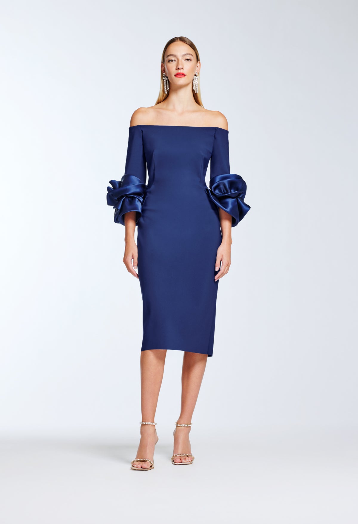 Frascara 4427 Off-the-Shoulder Dress - An elegant off-the-shoulder dress with contrasting satin organza ruffle sleeves and a sheath skirt silhouette with a back slit, perfect for evening formals and mother of the bride or groom.