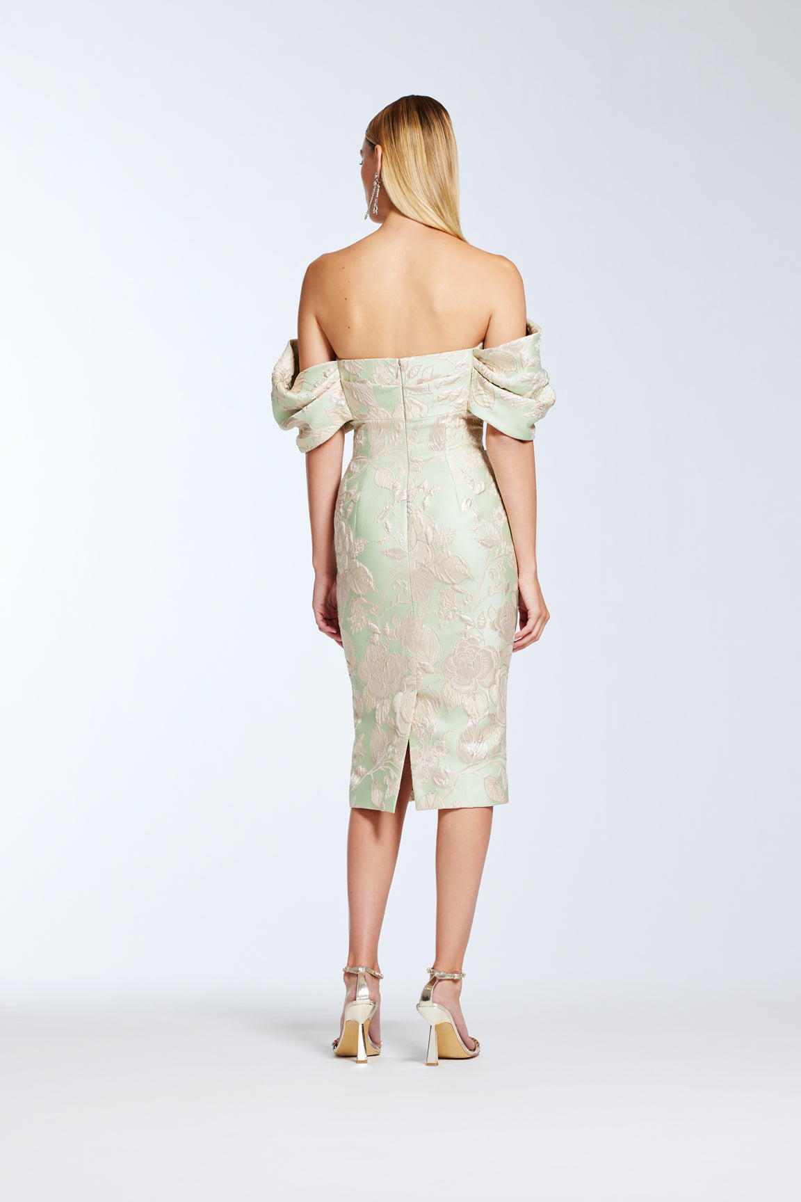 Frascara 4442 Off-the-Shoulder Draped Dress - An elegant off-the-shoulder dress with draped bodice and sleeves, sheath skirt silhouette, perfect for evening formal events and mother of the bride or groom. Model is wearing mint.  back view